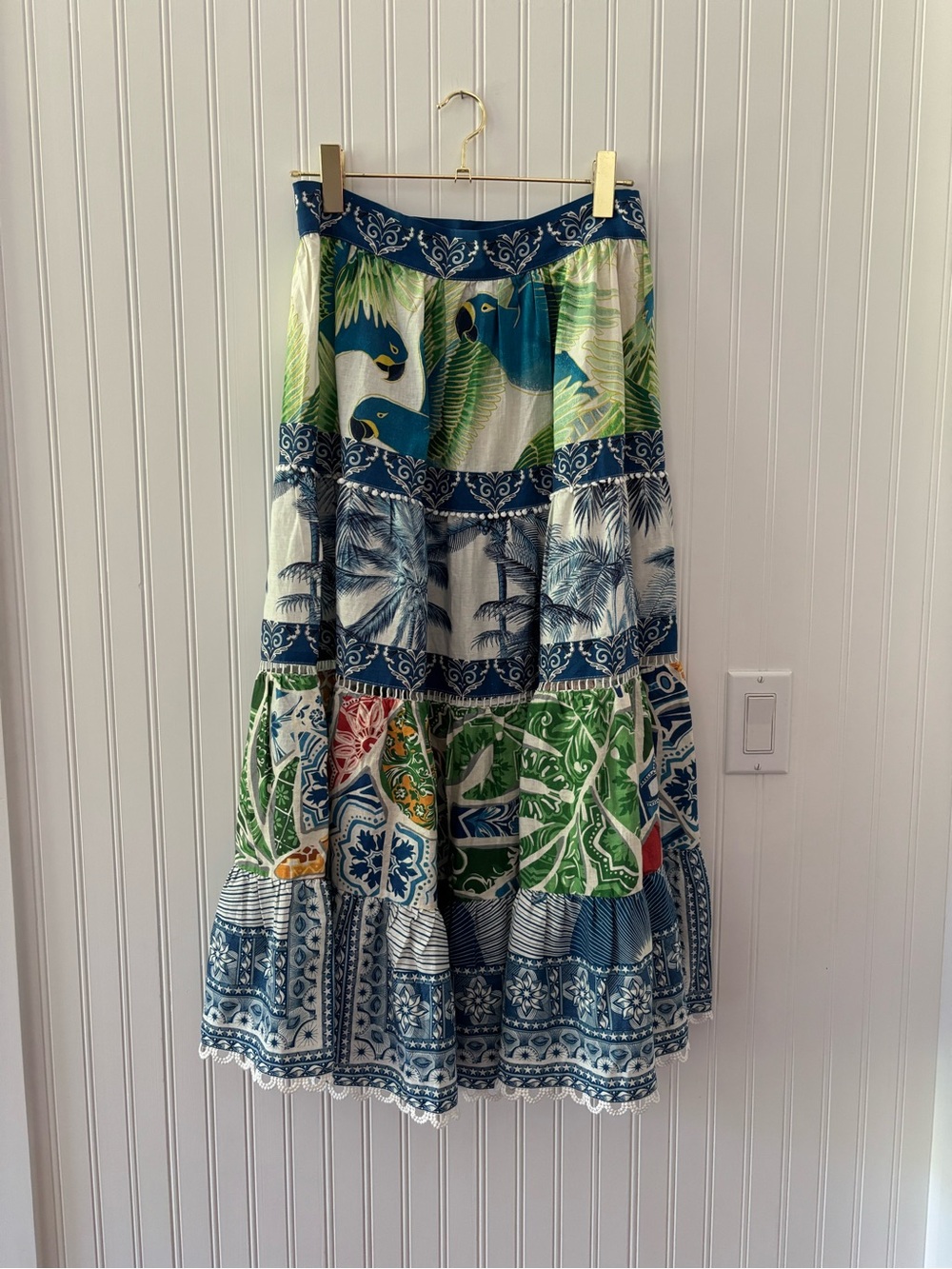 FARM Rio Blue & Green Tiered Midi Skirt with Tropical Patchwork